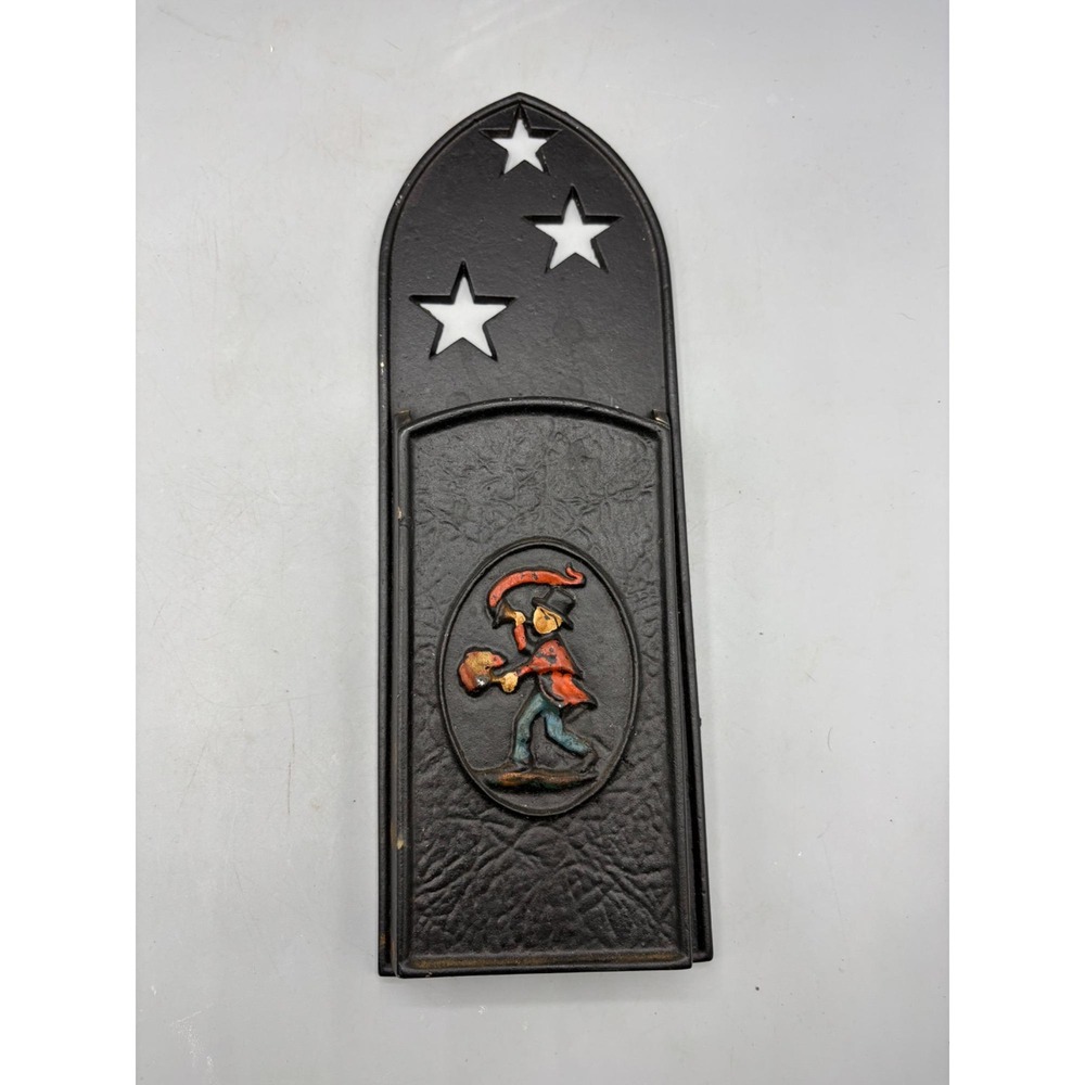Vtg Cast Metal Match‎ Holder With Star Cutouts Painted Boy Design